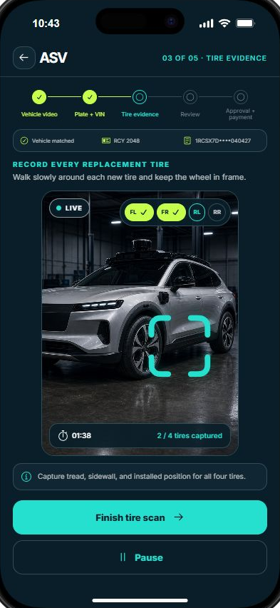 ASV guided camera screen recording replacement-tire evidence for the matched autonomous vehicle.