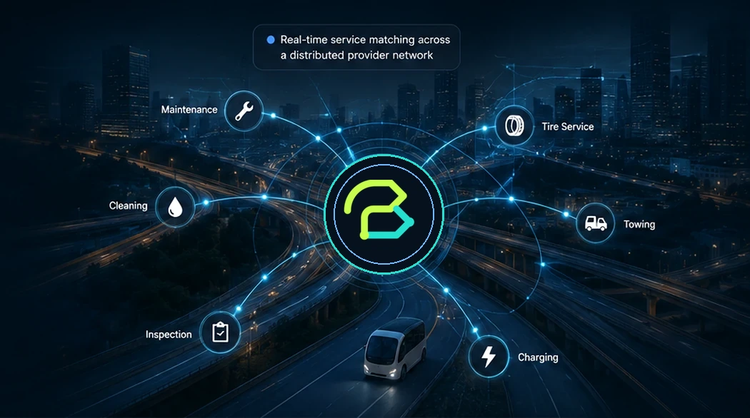 A distributed autonomous vehicle service network connecting maintenance, inspection, charging, towing and cleaning capacity across a city.