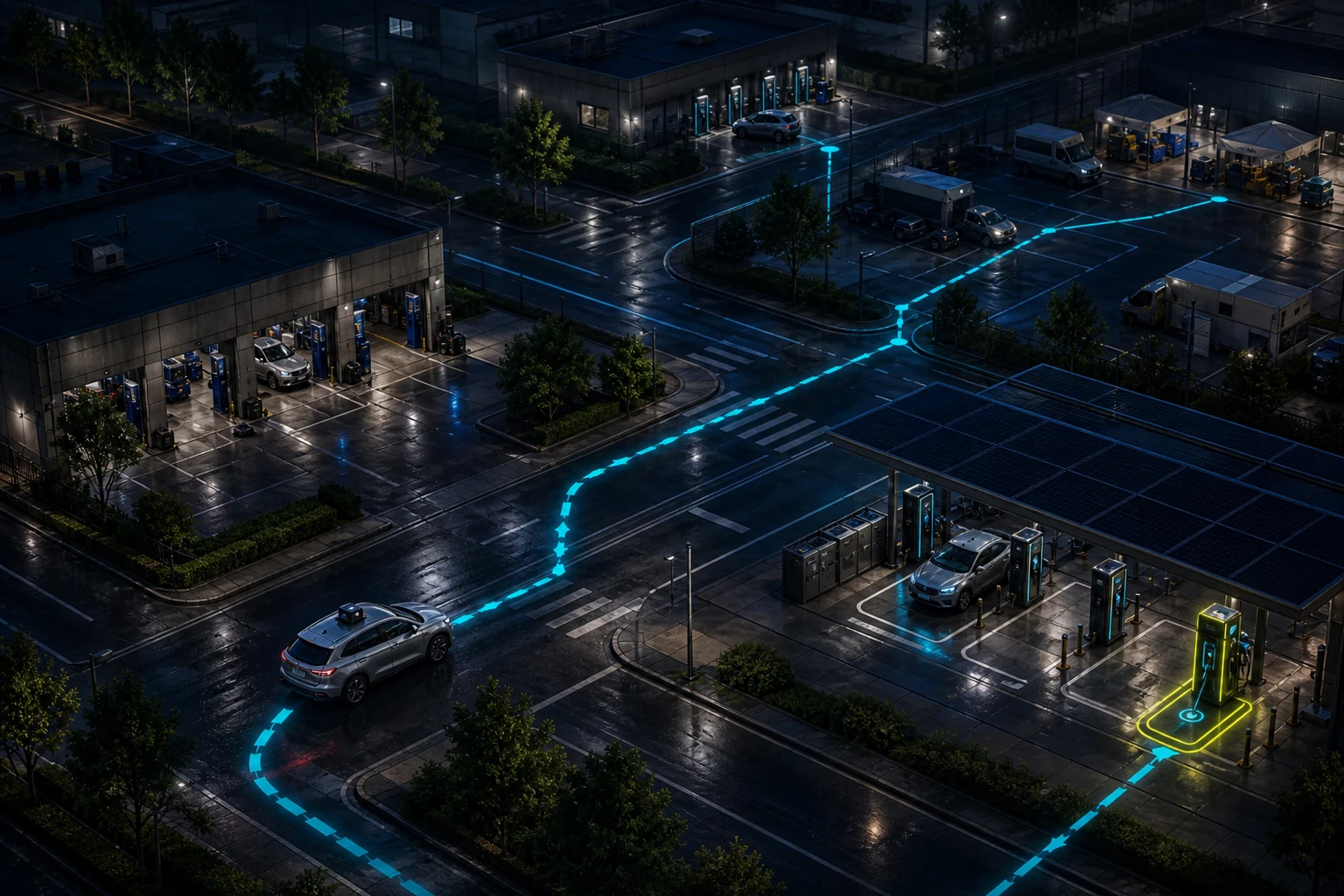 Distributed service facilities surrounding an autonomous fleet route
