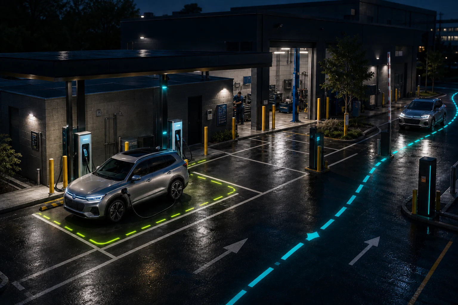 Autonomous fleet vehicles using coordinated charging, staging and maintenance capacity at an existing service facility
